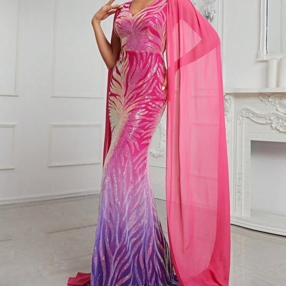 Multicolor Random Print, Cloak, Sequined, Mesh Mermaid Maxi gown - Picture 7 of 11